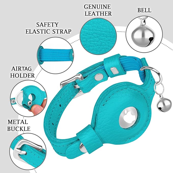 OOPSDOGGY Cat Collar for AirTag Holder, Leather Kitten Collars with Elastic Strap & Bell, Non Breakaway Adjustable Small Pet Collars for Indoor & Outdoor for Boy, Girl (Light Blue)