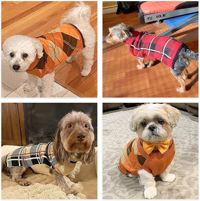 KOOLTAIL Fall Dog Sweater Pet Knitted Clothes - Thanksgiving Classic Plaid Pullover Turtleneck Dog Sweaters with Leash Hole, Thick Cold Weather Pet Outfits for Small Medium Large Dogs Cats Puppy, S