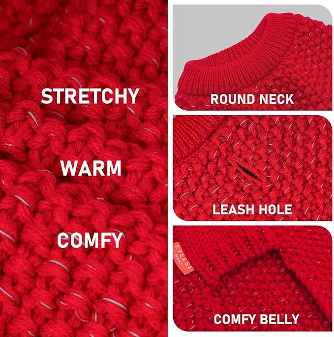 KYEESE Dog Christmas Sweater with Leash Hole Warm Pullover with Reflective Yarn for Small and Medium Dogs Male Soft Knit Pullover Boy Dog Coats Cozy Lightweight Thick Sweater,Red,Medium