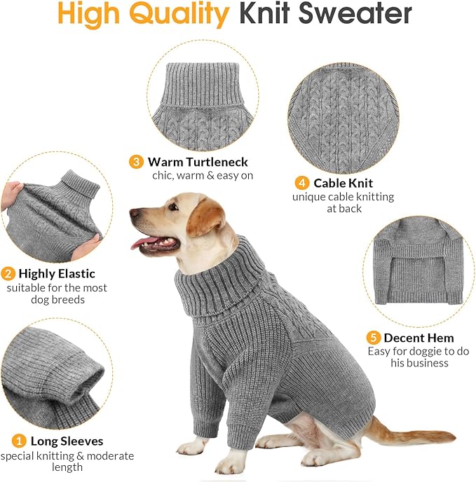 Queenmore Dog Sweaters for Medium Dogs,Soft Dog Sweater - Heavy Knitting Turtleneck Solid Pullover with Sleeve - Warm Winter Pet Coat for Casual Occasions/Christmas/Festive - Grey,M