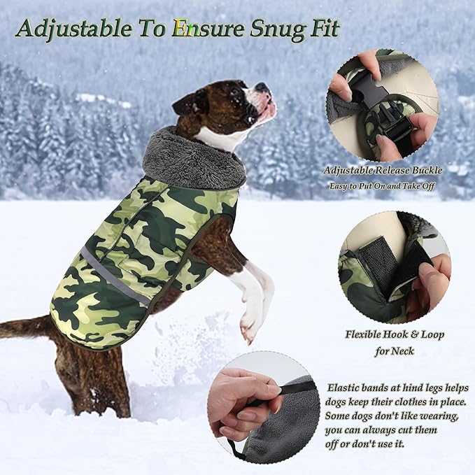 Dogcheer Warm Dog Coat, Waterproof Dog Jacket Reflective Adjustable Puppy Winter Coat with Buckle, Christmas Pet Snow Jacket Turtleneck Fleece Sweater for Small Medium Large Dogs- Camo Green, L