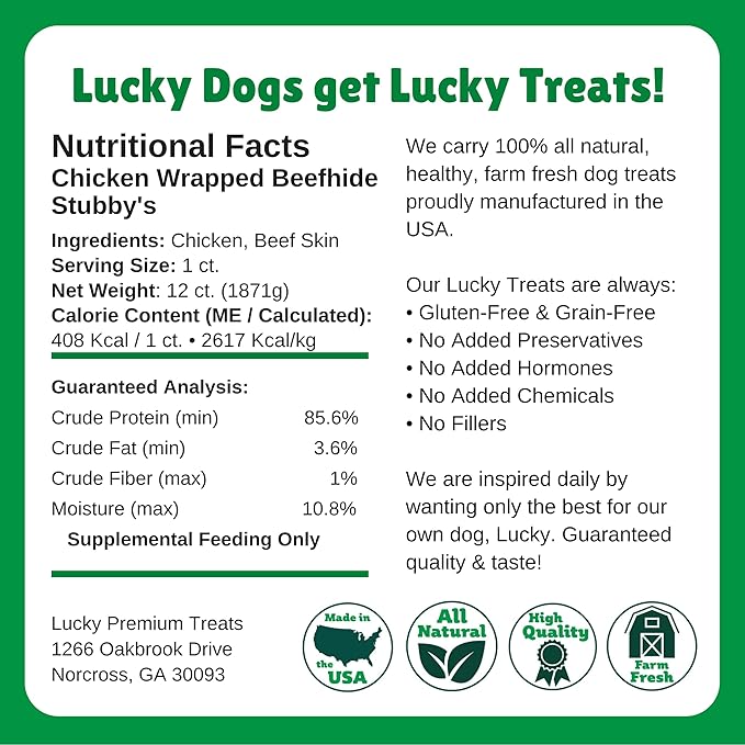 Lucky Premium Treats Chicken Wrapped Dog Treats – USA Made Raw Hide Sticks for Extra Large Size Dogs – Long Lasting, Preservative Free Dog Treats – 12 Chews