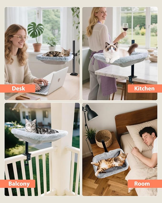 L&W BROS. Cat Desk Bed – Adjustable Desk Cat Hammock with 360° Rotating Arm, Dual-Sided Washable Cover, 35LB Capacity, 17"x14", Metal Frame