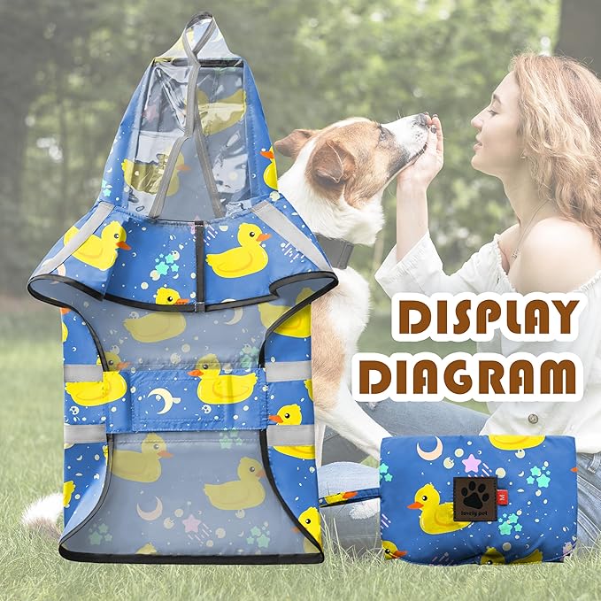 Dog Raincoat, Adjustable Rain Jacket with Hooded Double Layer for Large Medium Small Dogs Puppies, Lightweight Waterproof Rain Coat Poncho with Reflective Stripe Duck Blue,L