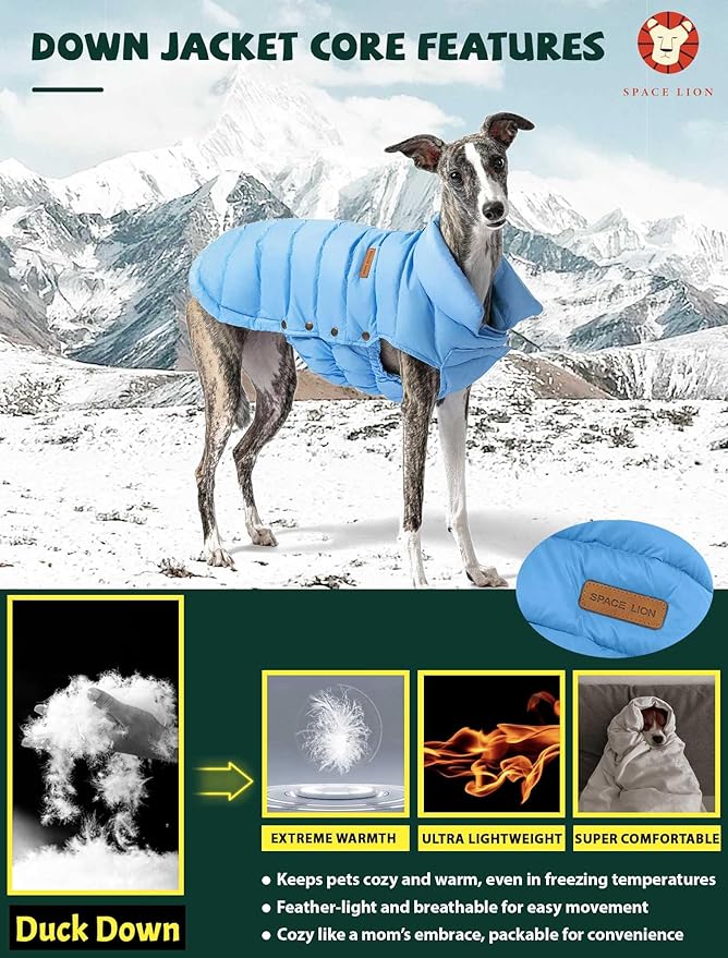 SPACE LION Dog Puffer Jacket, Down Winter Coat, Durable Outdoor Coat for Cold and Windy Conditions, Waterproof, Lightweight Jacket, Adjustable Fit for Small, Medium, Large Dogs(Blue,14/L)