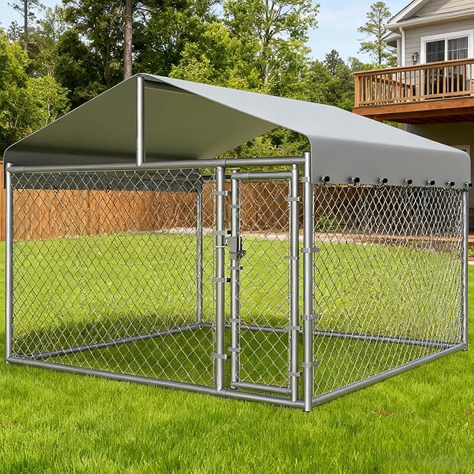 6.8x6.8ft Large Dog Kennel Outdoor, Heavy-Duty Outside Dog Kennel with Roof, Security Latch-Lock Door, Chain-Link Dog Enclosure Dog Run for Yard with Cover
