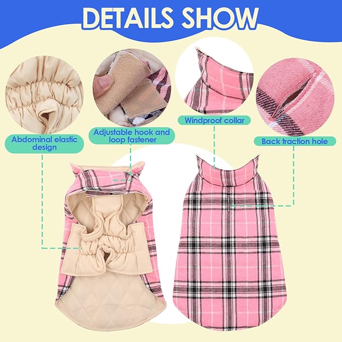 MIGOHI Reversible Dog Coat, Windproof Waterproof Winter Jacket, British Style Plaid, Warm Dog Vest for Small Medium Large Dogs, Pink, M