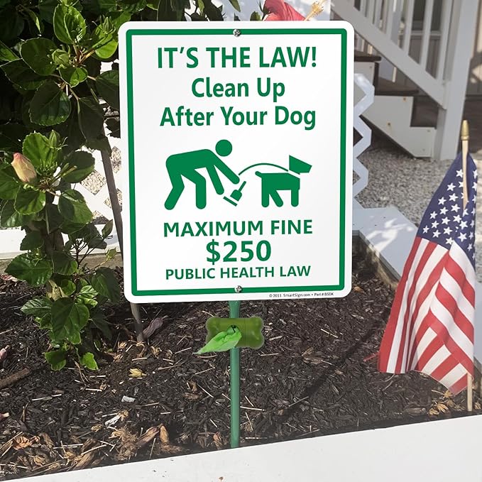 SmartSign It’s Law Clean Up After Your Dog Maximum Fine $250 Yard Sign & Clip-On Plastic Dispenser Combo/Kit, 10"x12" Aluminum Sign with 3ft Stake, Compact Dispenser Preloaded with a 15 Poop Bags Roll
