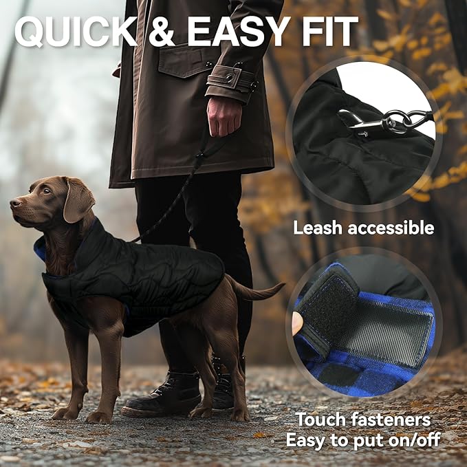 VIVAGLORY Softjoy Dog Coat, Dog Jacket for Winter & Christmas, Coat with Harness Hole & Velcro Closure, Reversible Plaid Checkered Warm Fluffy Heavy Duty for Puppy, M, Sapphire Blue Plaid
