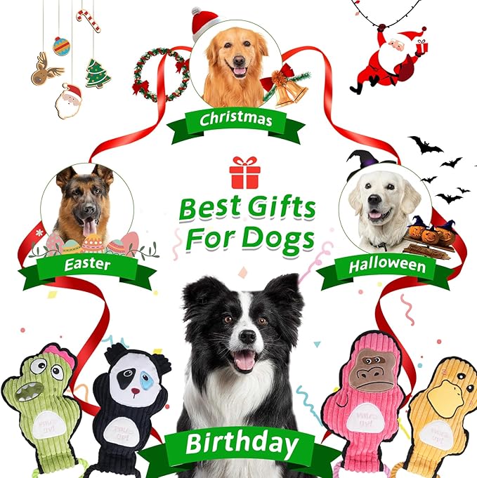 2-Pack Squeaky Dog Toys & Tough Tug of War Set - No Stuffing Chew-Resistant Plush Toys to Keep Them Busy, Best Birthday Gift for Small/Medium/Large Breeds (Dino & Gorilla)