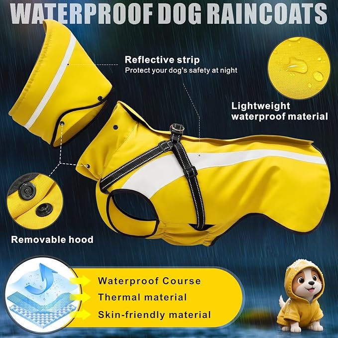 Mosucoirl Dog Raincoat Waterproof Raincoats for Dog Reflective Dogs Rain Jackets with Hood Hoodie Pet Rain Poncho Coat for Small Medium Large Dogs Puppies S-XXL (Yellow, M)