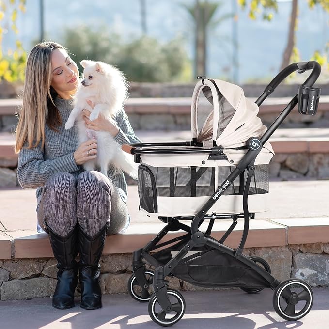T3 Foldable Pet Stroller for Small Dogs & Cats – 3-in-1 Lightweight Design, 180° Canopy & Detachable Carrier (Beige)