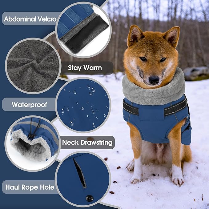 PETDSH Dog Coat Medium, Built-in Harness Dog Jacket with Warm Fleece Lining, Waterproof Reflective Dogs Winter Coat, Pet Coats with Pocket and Trash Bags (Navy Blue, Medium)