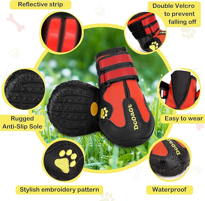 DcOaGt Dog Shoes for Large Dogs 4PCS Anti-Slip Dog Boots & Paw Protectors for Hot Pavement Winter Snow Hiking Walking, Waterproof Breathable and Reflective Dog Booties for Large Size Dogs