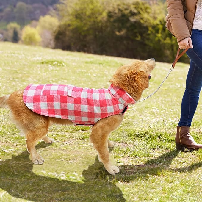 Malier Dog Winter Coat, Classic Plaid Fleece Dog Cold Weather Coats Dog Jacket with Pocket, Windprood Warm Dog Coat Vest Winter Pet Clothes Apparel for Small Medium Large Dogs (Pink, X-Large)