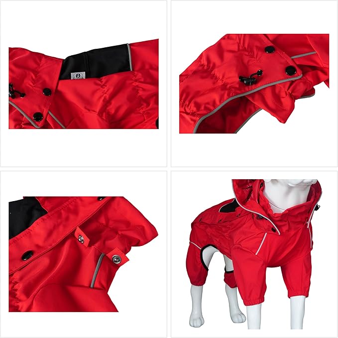 LOVELONGLONG Waterproof Dog Raincoat with Removable Hood – Outdoor Full Body Dog Jacket, Windproof Snowproof Shell Suit – All Season Pet Rain Gear Red XL