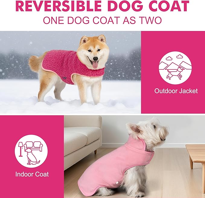 cyeollo Warm Dog Coat Sherpa Dog Winter Coat, Reversible Fleece Dogs Jackets Sweater Vest for Small Dogs Male with Leash Hole, Soft Cold Weather Pet Clothes, Fuchsia L