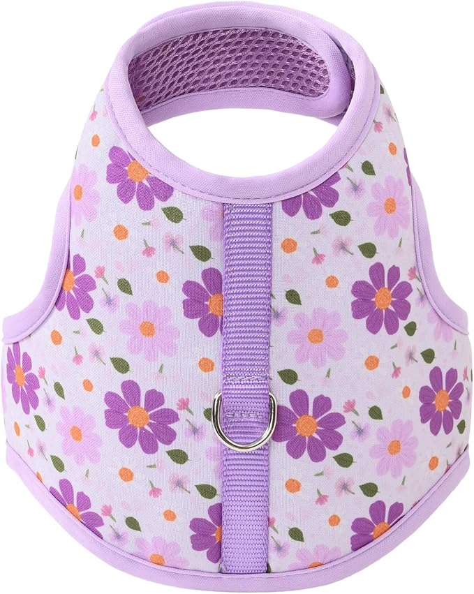 Mile High Life Dog Harness, Air Mesh Floral Vest Harness for 20 lbs Small Dogs & Cats, Easy Get on Adjustable Easy Closures Both Neck and Chest(Purple Flower, XS Chest 14"-16")