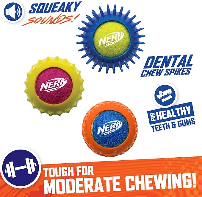 Nerf Dog 2.5in Squeak Armor Tennis Ball Dog Toys 3-Pack -Yellow/Pink and Orange/Blue and Blue/Green
