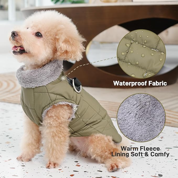 Warm Fleece Dog Coats with Durable Harness Buitl in D-Ring,Waterproof Doggie Jacket for Medium Dogs,Dog Vest for Cold Winter,Green XL