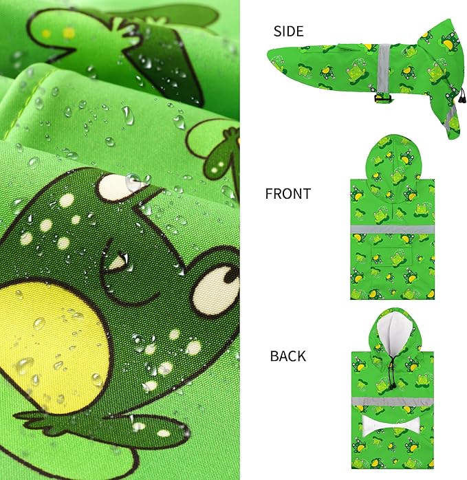 NACOCO Large Dog Raincoat Adjustable - Pet Frog Water Proof Clothes Lightweight Rain Jacket Poncho Hoodies with Strip Reflective Green (M, Green Frog)