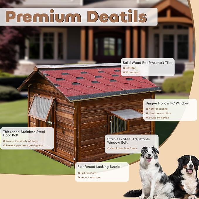 Extra Large Dog House Outdoor Outside Insulated Dog Kennel Weatherproof Pine Wood Pets Home with Elevated Floor,Lockable Door,Adjust Windows,Easy to Clean for Medium Large Dogs
