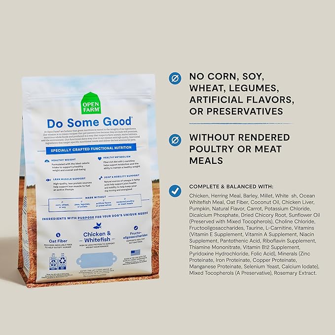 Open Farm, Healthy Weight Dog Food, Veterinarian Formulated High-Protein & Low-Calorie Dry Dog Food for Weight Management, Supports Metabolism & Mobility, Chicken & Whitefish Recipe, 22lb Bag