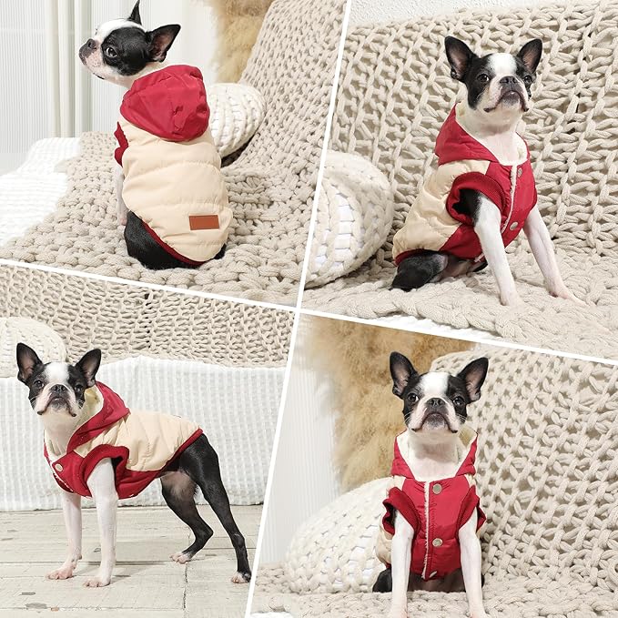 Fleece Lining Extra Warm Dog Hoodie in Winter,Small Dog Jacket Puppy Coats with Hooded,Beige and Red S