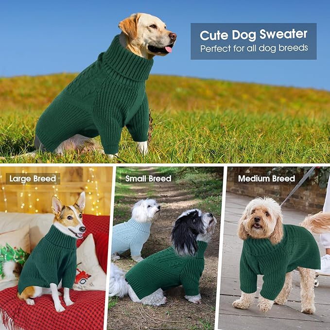 Queenmore Dog Sweater Small, Dog Sweaters for Small Dogs Girl or Boy, Small Dog Christmas Sweater, Winter Puppy Doggie Sweatshirt Knitwear, Pet Chunky Warm Coat for Medium Large Size Dogs, Green S