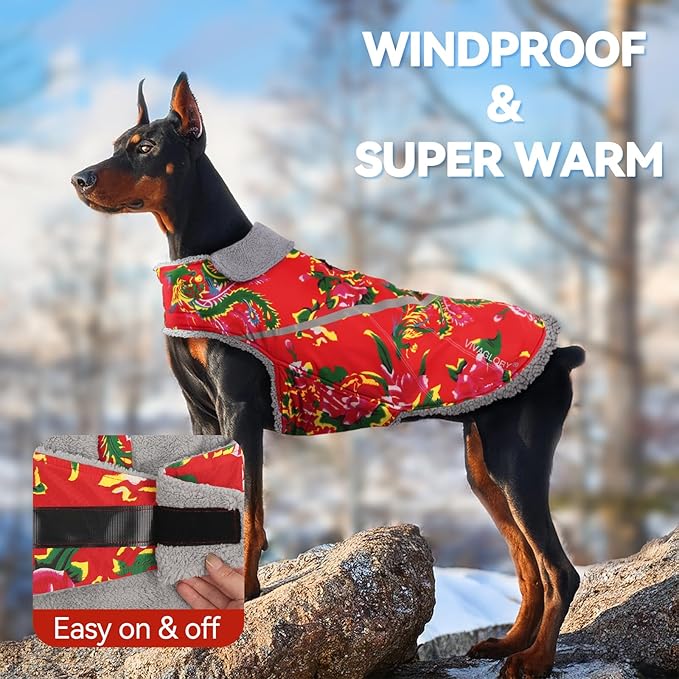 VIVAGLORY Snowrap Dog Coat, Jacket with Harness Hole & Velcro Closure, Dog Coat for Winter & Cold Weather, Fluffy Warm Fleece Lined Reflective Water Resistant for Puppy, XL, Northeast Florals-Red