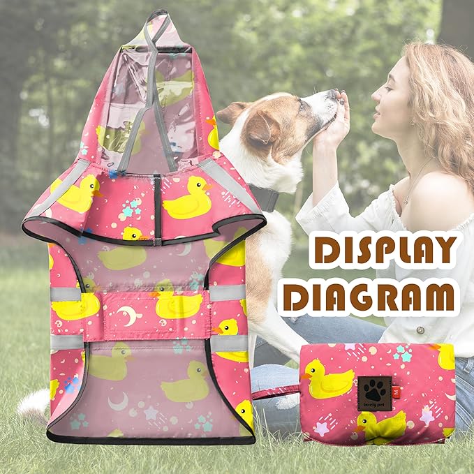 Dog Raincoat, Adjustable Rain Jacket with Hooded Double Layer for Large Medium Small Dogs Puppies, Lightweight Waterproof Rain Coat Poncho with Reflective Stripe Duck Pink,L