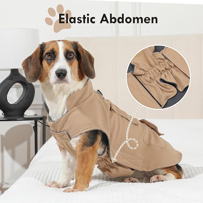 Workwear Style Dog Coats with Harness Built in for Small Dogs Windproof Warm Puppy Jacket with Storage Pockets for Cold Winter,LightBeige M