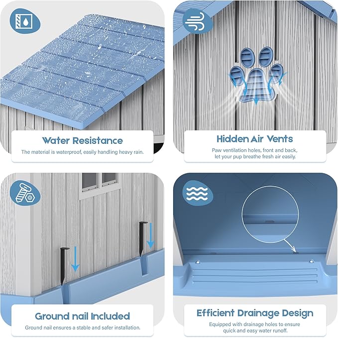 Dog House for Outdoor & Indoor Use with Window, Waterproof Ventilated Kennel with Elevated Floor, Easy to Clean Shelter for Small Medium Large Dogs (Blue, 29.9" L x 32.3" W x 32.5" H)