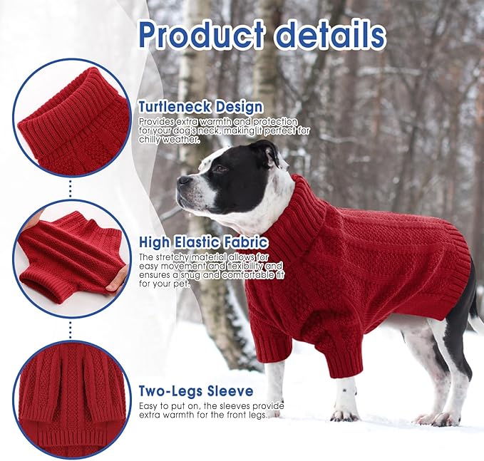Queenmore Dog Sweaters for Medium Dogs Girls Boys,Soft Dog Sweater Christmas,Turtleneck Pullover Pet Sweaters Knitwear Outfit for Holiday,Knitted Soft Thick Warm Sweater for Bulldog,Dachshund(Red,M)