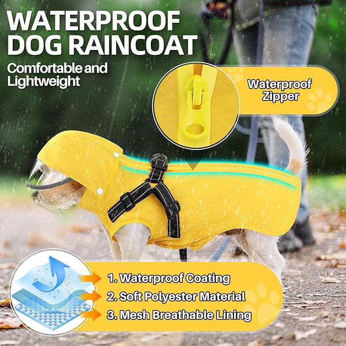 Lukovee Dog Raincoat - Waterproof Rain Jacket with Harness & Removable Hood, Reflective Double Layer Dog Rain Coat Poncho for Small Medium Large Dogs Puppy (XS, Yellow)