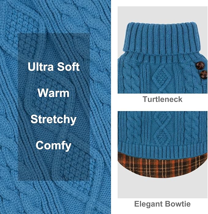 KYEESE Dog Sweater Stretchy Knitwear Cat Clothes Thick Pet Coat for Fall Winter Cold Weather Warm Turtleneck Small Dogs Sweater with Gingham Patchwork Soft Pullover Dog Sweaters for Small Dogs Male