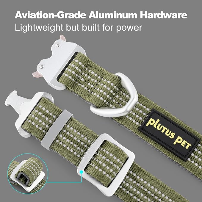 Plutus Pet Reflective Dog Collar with Aviation Aluminum Buckle, Neoprene Padded for Comfort, Lightweight, Heavy Duty Nylon Collar for Puppy Small Medium Large Dogs (Ranger Green, L)