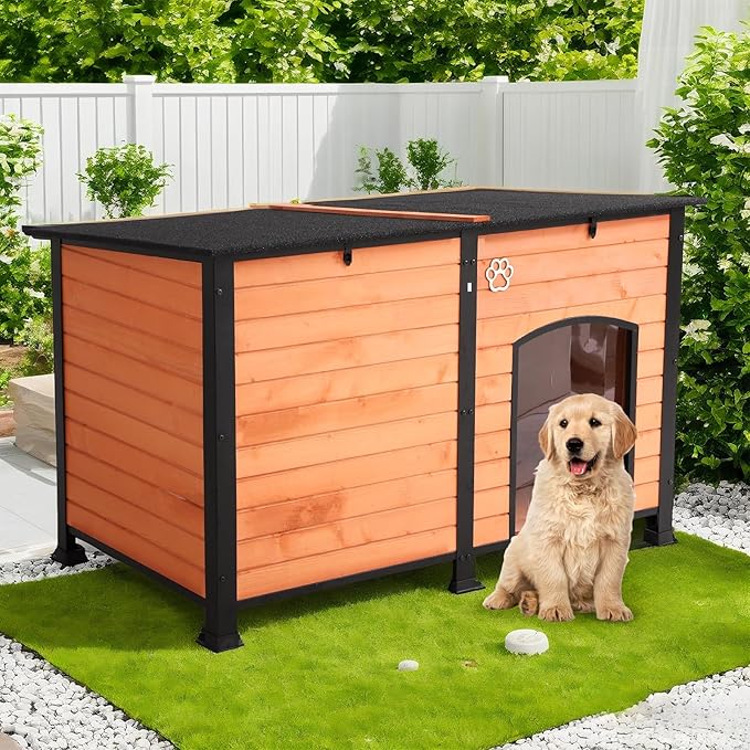 Outdoor Dog House, 55” Extra Large Wooden Dog House with Anti Bite Iron Frame Weatherproof Finish Outside Paw Print Dog House for Large and Medium Dogs (Brown, 55" Dog House)