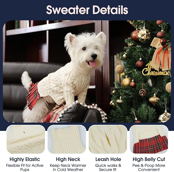 IECOii Girl XXL Dog Sweater Dress, Cozy Cable Knit Dog Sweater for Large Dogs Girl, Beige,XXLarge, 2XL Pet Pullover Knitted Dress for Winter, Turleneck with Sleeve, Warm Sweaters for Female Pitbull