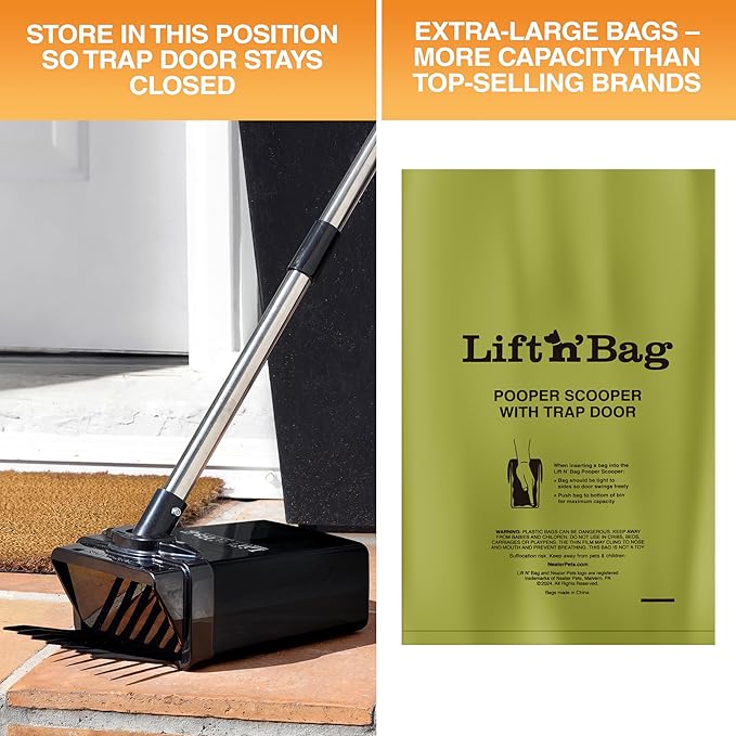 Neater Pet Brands Lift N’ Bag 2.0 Dog Pooper Scooper with Bag Attachment & 27" Pole for Small to Large Dogs, New & Improved Design, 60 Refill Bags, Heavy Duty Dog Poop Scooper for Yard, One-Hand Use