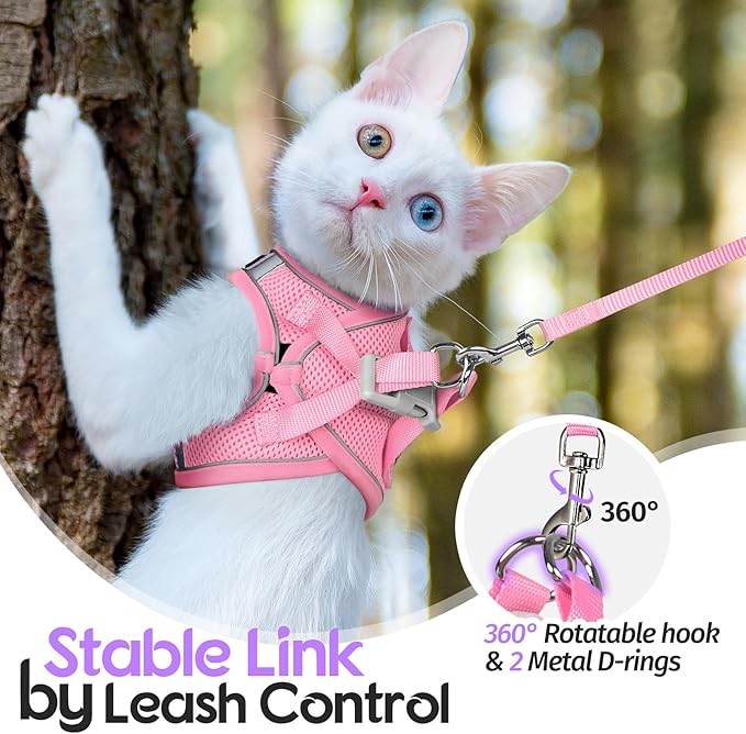 Dooradar Cat Harness and Leash Set, Escape Proof Lightweight Kitten Harness, Soft Breathable Reflective Vest for Outdoor Walking Traveling, Adjustable for Large Cats, Purple & Pink, L
