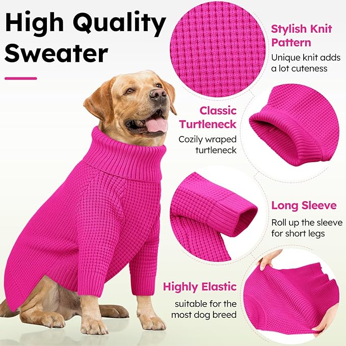 Queenmore Dog Sweater for Large Breeds, Long Sleeve Warm Dog Sweaters, Turtleneck Knitted Pullover Pet Clothes, XL Dog KintSweater, Cat Knitwear, Fuchsia XL