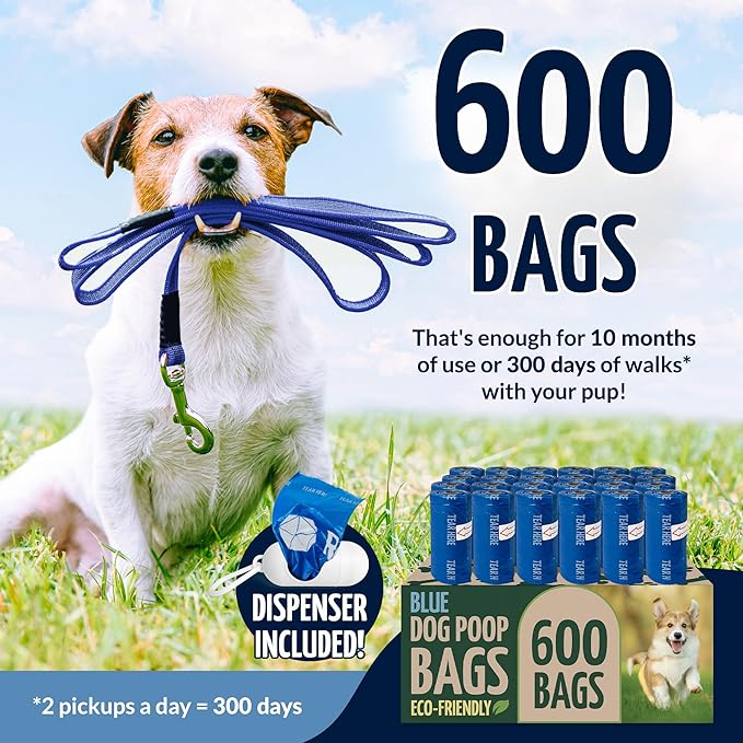 Reli. Biodegradable Dog Poop Bags Rolls (600 Pack, 40 Rolls) | 9"x13" Poop Bags for Dogs | Unscented, Leak Proof Oxobiodegradable Pet Waste Eco-Friendly | Blue | Leash Clip Holder Included