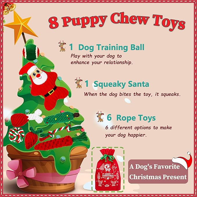 8 Pieces Christmas Dog Chew Toys, Santa Puppy Teething Chew Toys with Adorable Squeaky Toys, Training Ball, Christmas Storage Bag