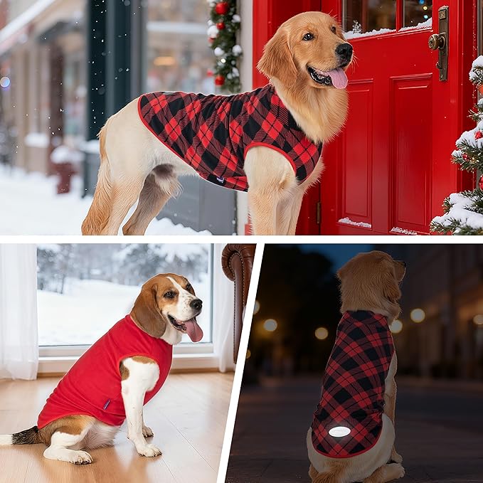 cyeollo 2 Pack 2XL Dog Sweater, Warm Fleece Doggy Vest Pullover Sweatshirt Dog Jacket Reflective Stretchy Pet Clothes Cold Weather Coats for Medium to Large Dogs Boy & Girl, Red & Buffalo Plaid XXL
