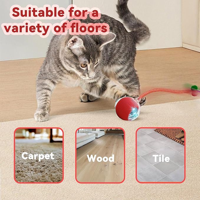Interactive Cat Toys for Indoor Cats, Automatic Cat Toy with Elastic Mesh Tail, Electric Rolling Ball on Carpet, Chirping and Motion Activate Cat
