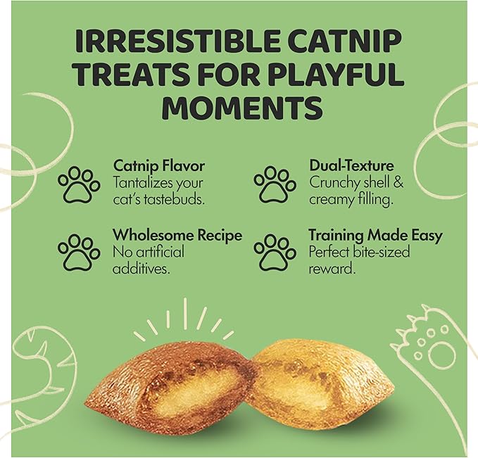 Crunchy Cat Treats – Dual‐Texture Crunch & Creamy Soft Feline Snack Bites for All Life Stages, Great for Training Treat Value Bags (2 Pound, Catnip)
