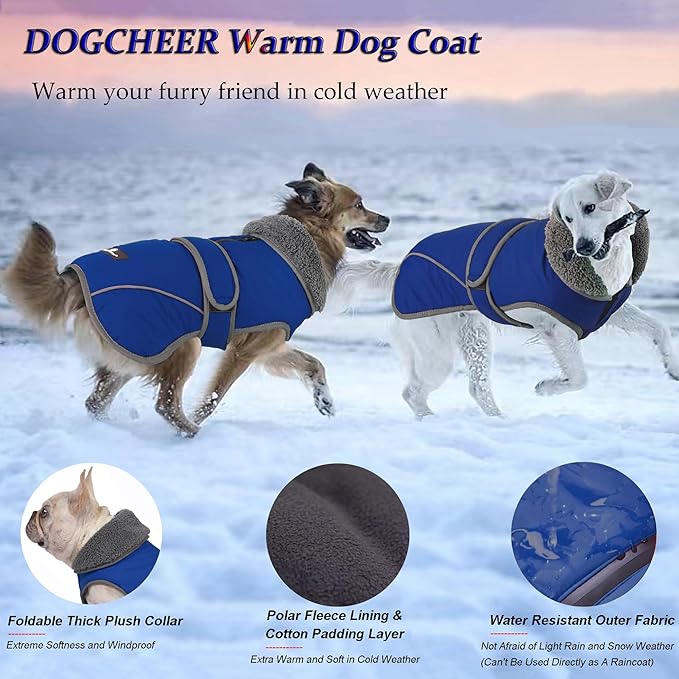 Dogcheer Dog Coat, Waterproof Dog Jacket Reflective Pet Winter Coat with Adjustable Hook & Loop, Christmas Puppy Fleece Jacket Warm Turtleneck Snowsuit for Small Medium Large Dogs - Blue, XL