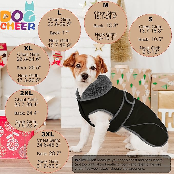 Dogcheer Dog Coat, Waterproof Dog Jacket Reflective Pet Winter Coat with Adjustable Hook & Loop, Christmas Puppy Fleece Jacket Warm Turtleneck Snowsuit for Small Medium Large Dogs - Black, 3XL