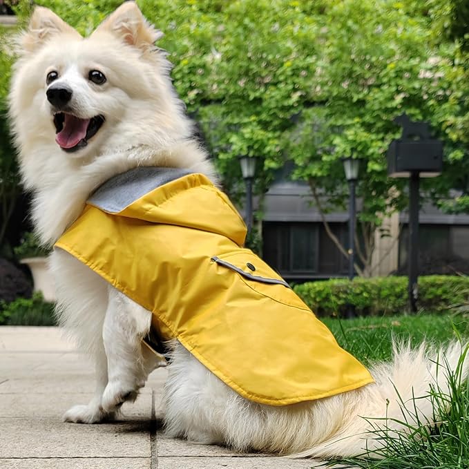 Small Dog Raincoat Puppy Dogs Rain Jacket Reflective Poncho Rainwear Waterproof Pet Clothes Warm Lined Pocket Hooded Leash Hole Adjustable Puppy,Yellow,XS,Back Length 6.3 Inch